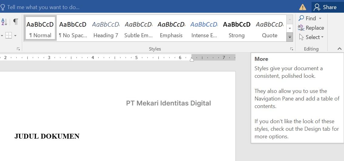 klik more > apply styles > pilih heading [nomor] untuk memilih level heading di word