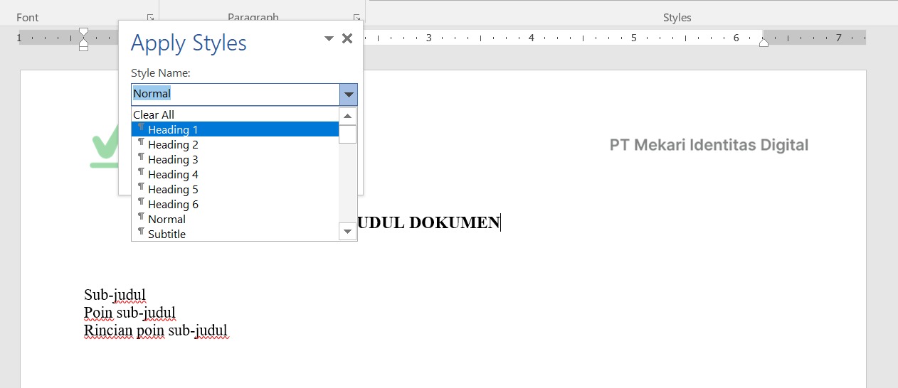 klik More > Apply Styles > pilih Heading [Nomor] untuk memilih level heading di microsoft word