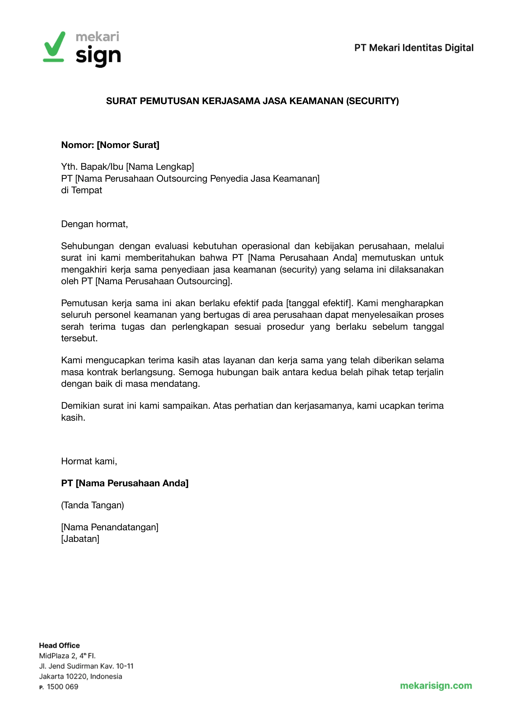 cover template surat pemutusan hubungan kerjasama outsourcing jasa keamanan (security)