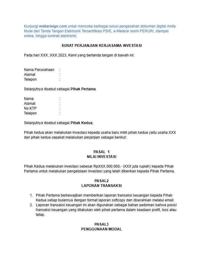 Template Surat Perjanjian Kerjasama