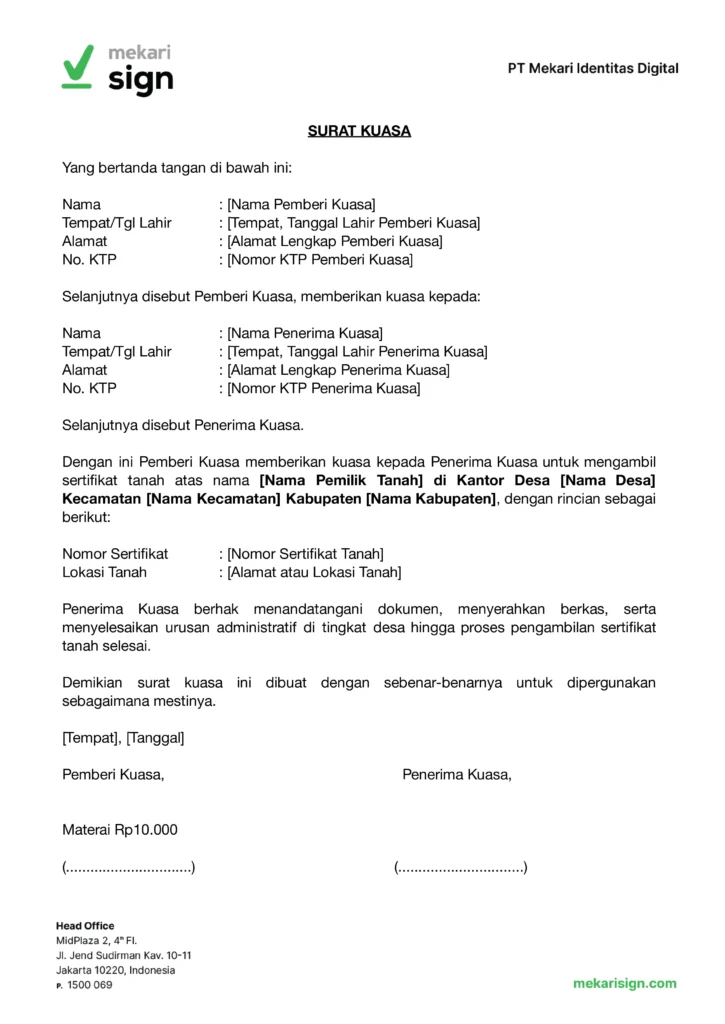 Contoh Surat Kuasa Pengambilan Sertifikat Tanah di Desa - Mekari Sign