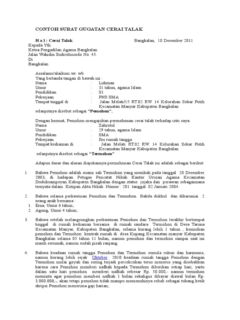 Contoh Surat Gugatan Cerai Talak