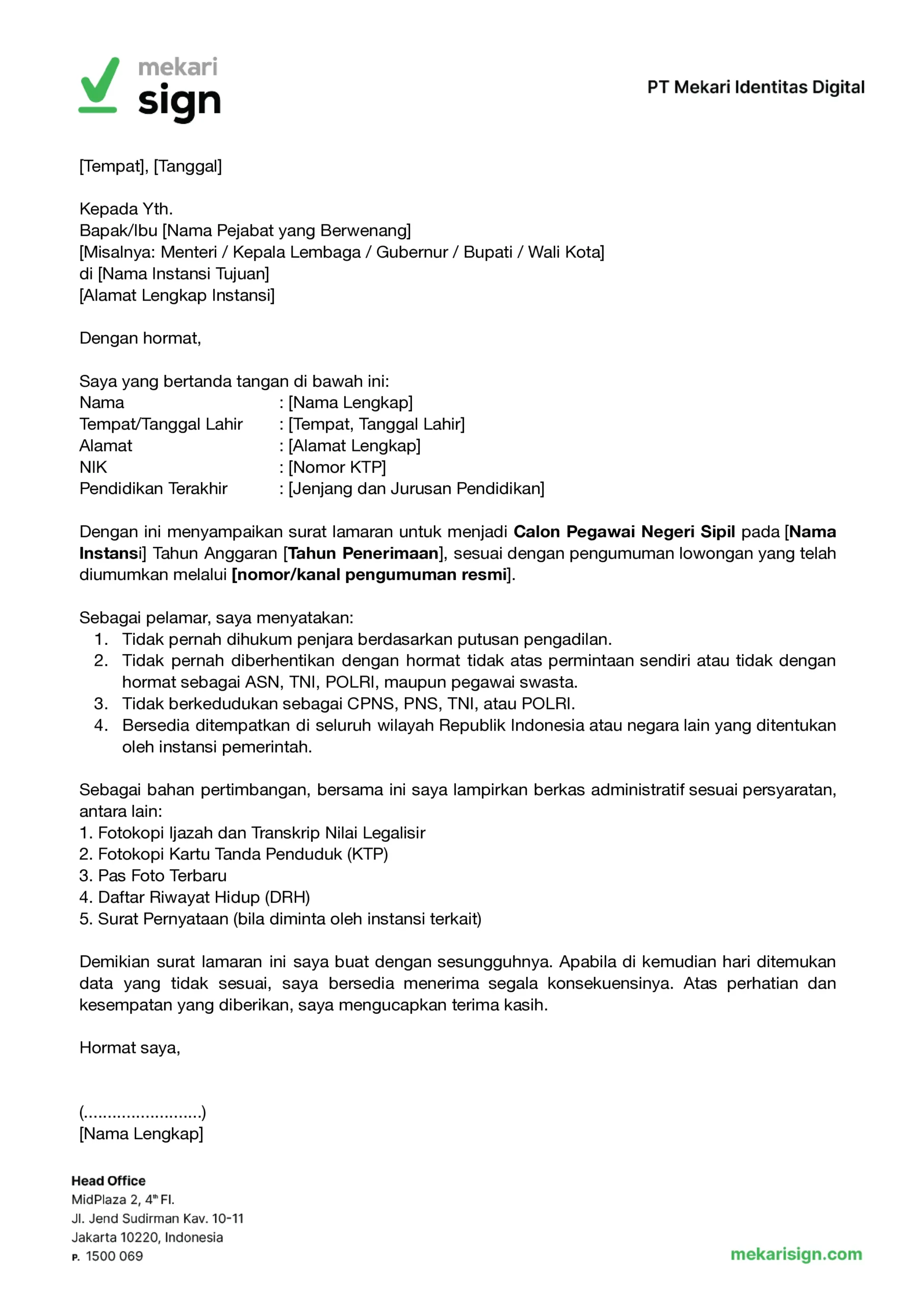 Contoh Surat Lamaran Kerja CPNS - Mekari Sign