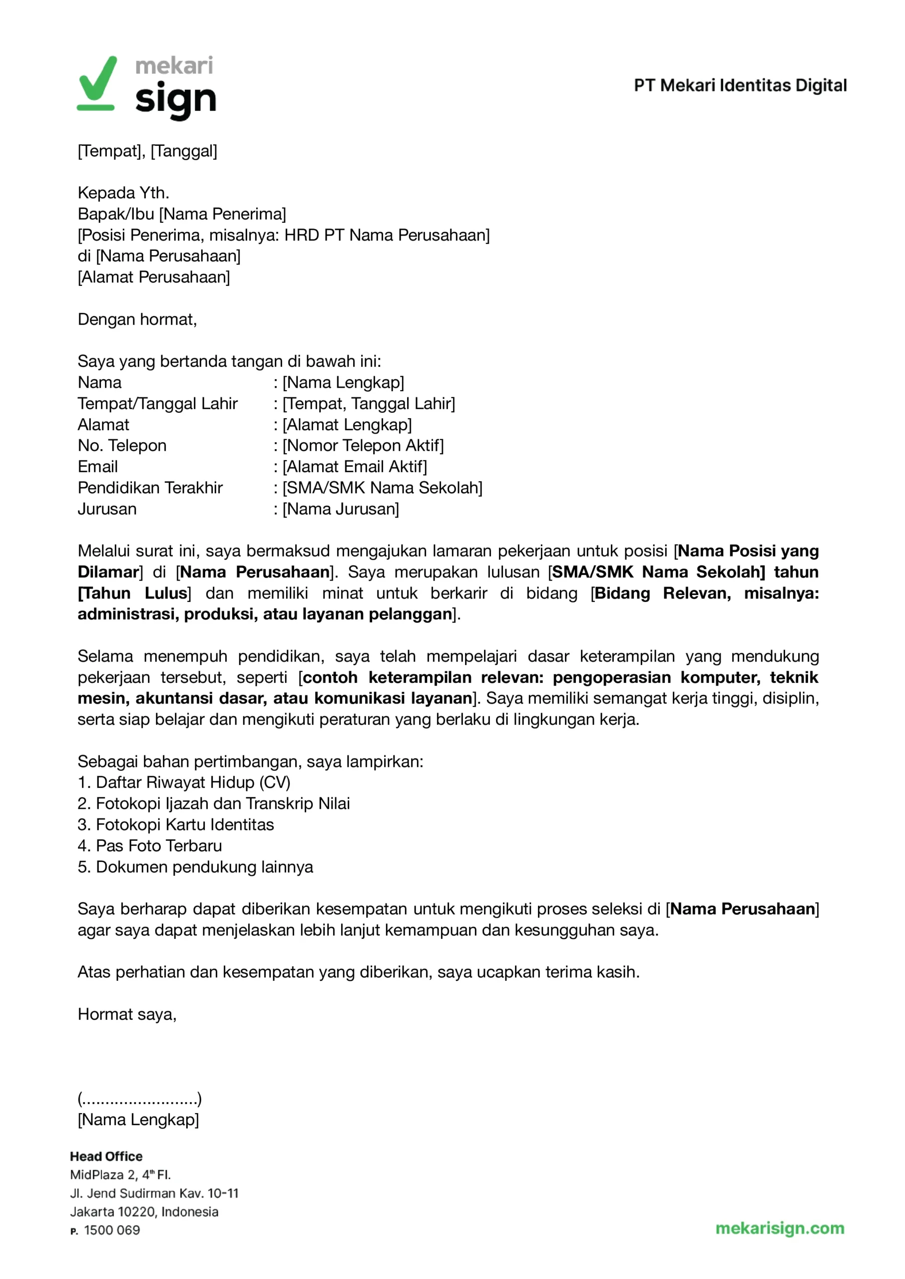 Contoh Surat Lamaran Kerja Lulusan SMK_SMA - Mekari Sign