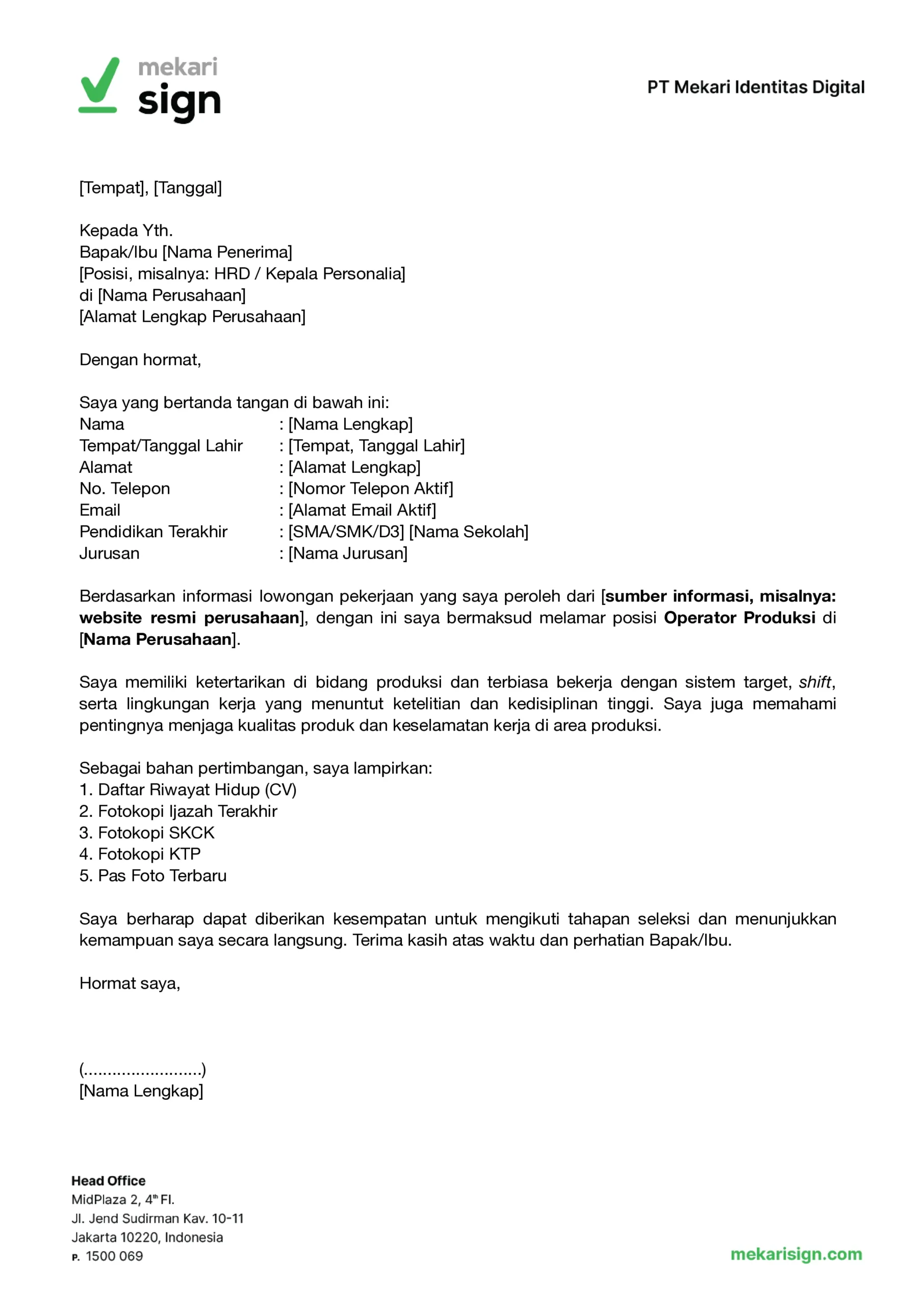 Contoh Surat Lamaran Kerja Operator Produksi - Mekari Sign