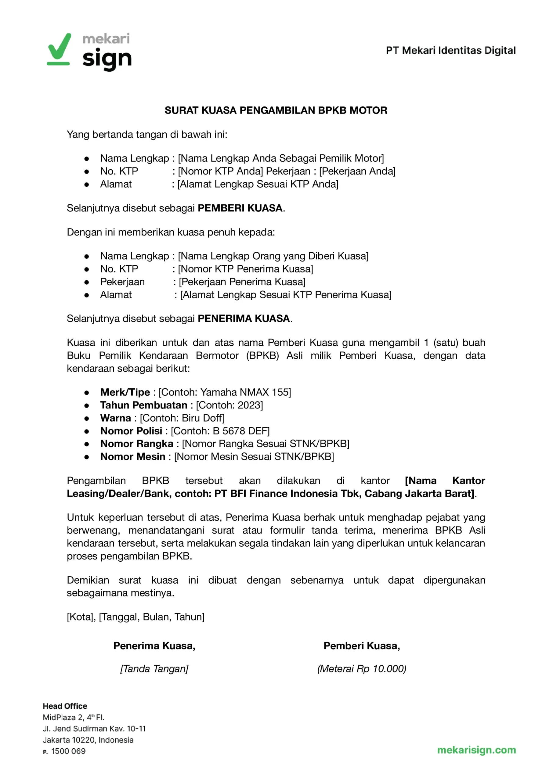 contoh surat kuasa pengambilan BPKB motor