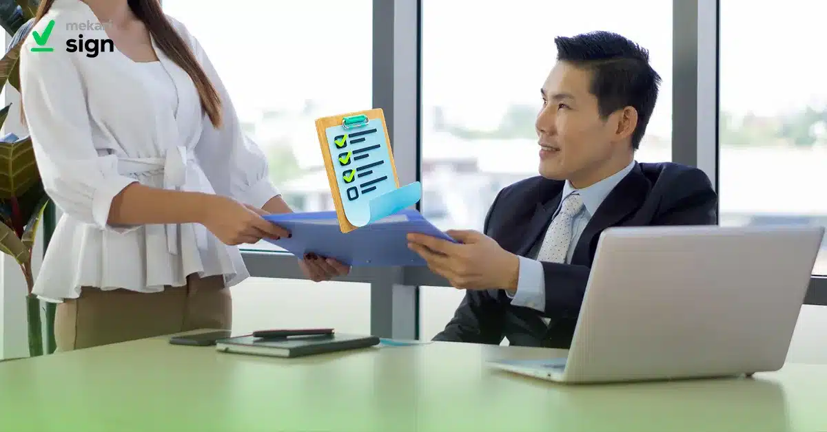Ilustrasi pengajuan surat permohonan resmi antara karyawan dan atasan di kantor