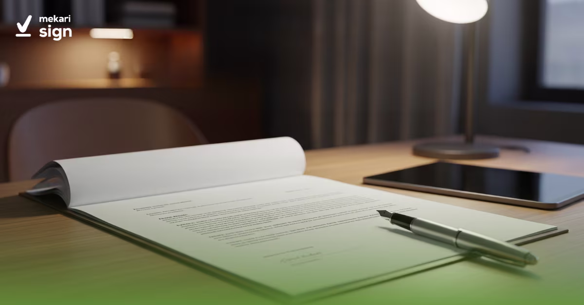 Tampilan surat resmi block style di atas meja kerja lengkap dengan pena dan tablet
