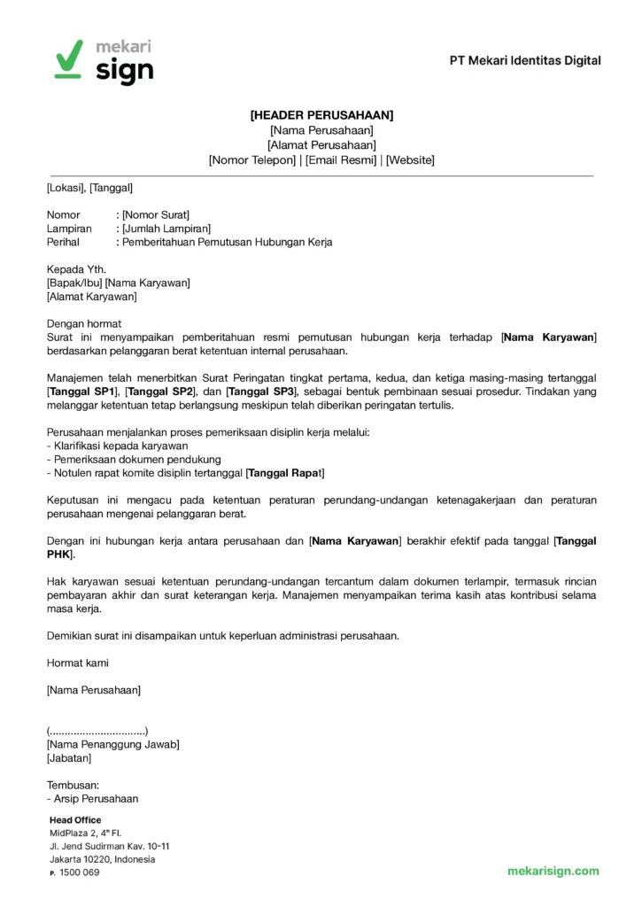 Contoh Surat PHK Pelanggaran Berat - Mekari Sign