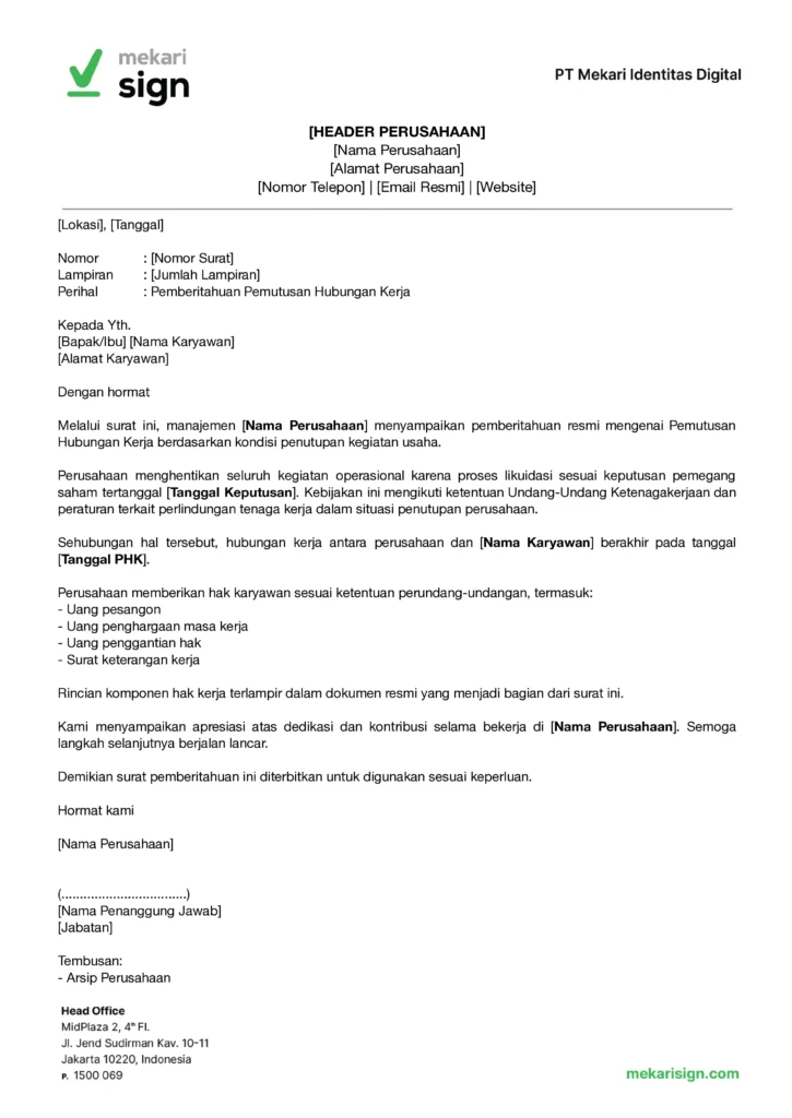 Contoh Surat PHK Perusahaan Tutup - Mekari Sign