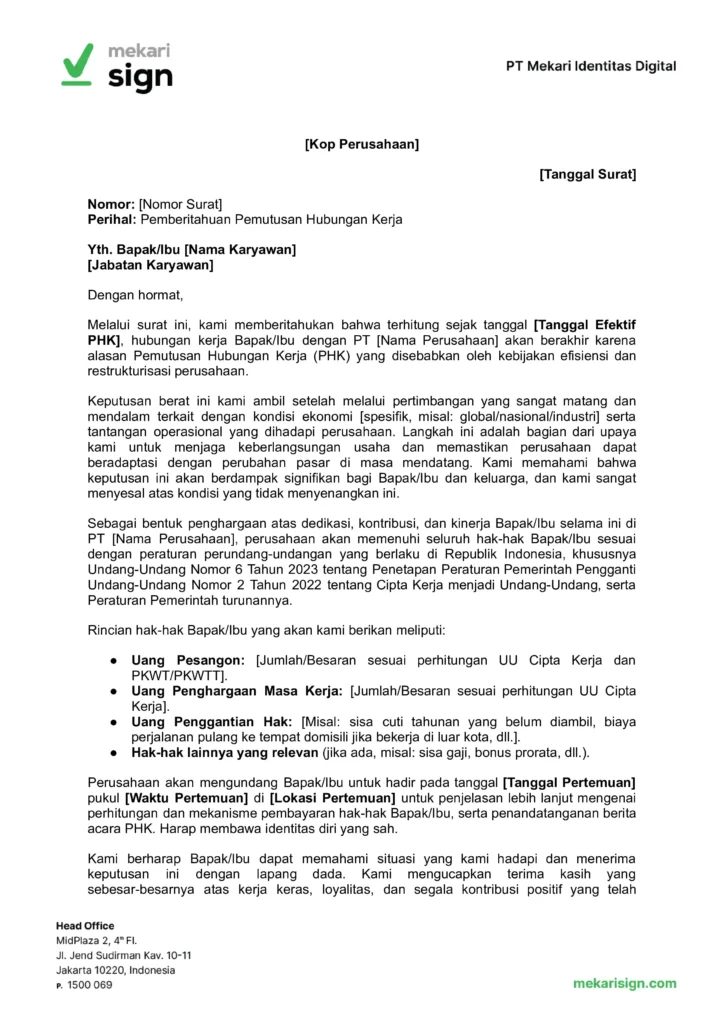 Contoh Surat PHK karena Efisiensi Perusahaan