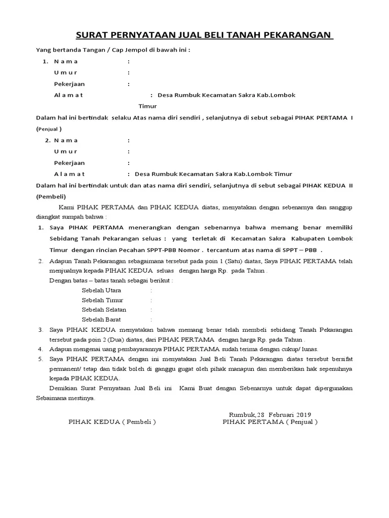 Contoh surat jual beli tanah pekarangan