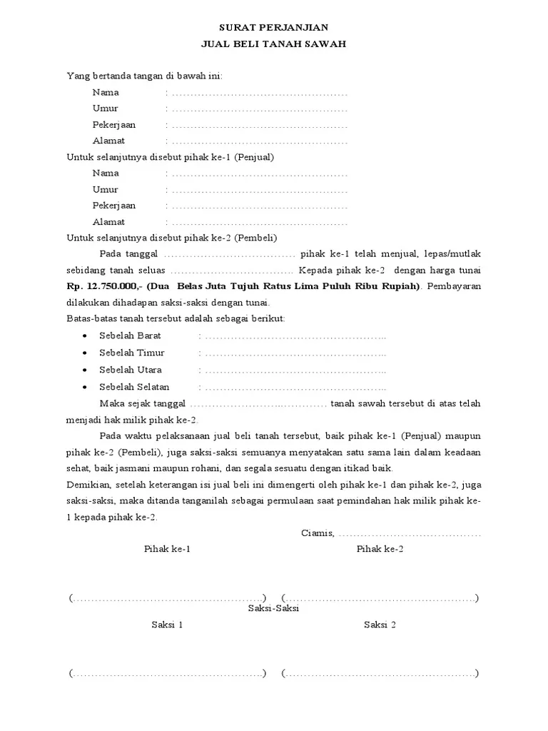 Contoh surat jual beli tanah sawah