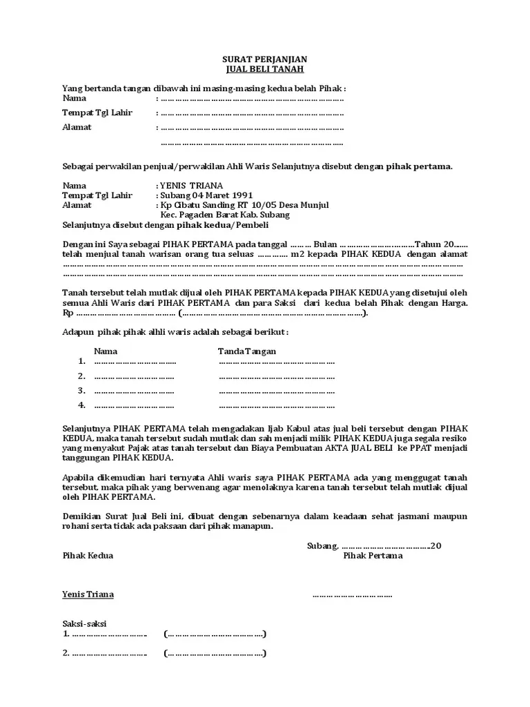 Contoh surat jual beli tanah warisan