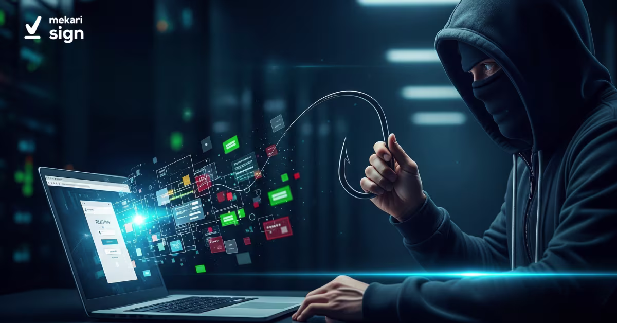 Ilustrasi serangan phishing oleh peretas yang menggunakan komputer untuk mencuri data login melalui email palsu