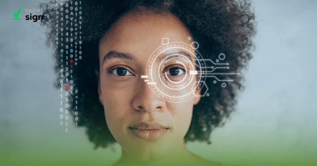 Ilustrasi seorang perempuan sedang melakukan face screening biometrik dengan menghadap ke kamera
