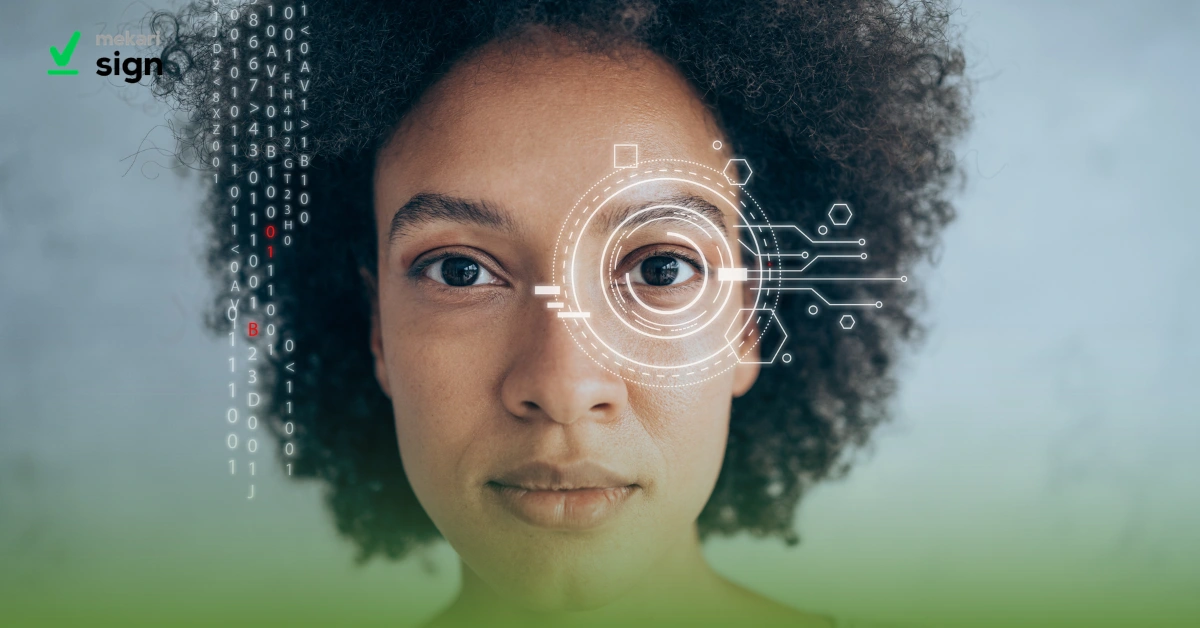Ilustrasi seorang perempuan sedang melakukan face screening biometrik dengan menghadap ke kamera