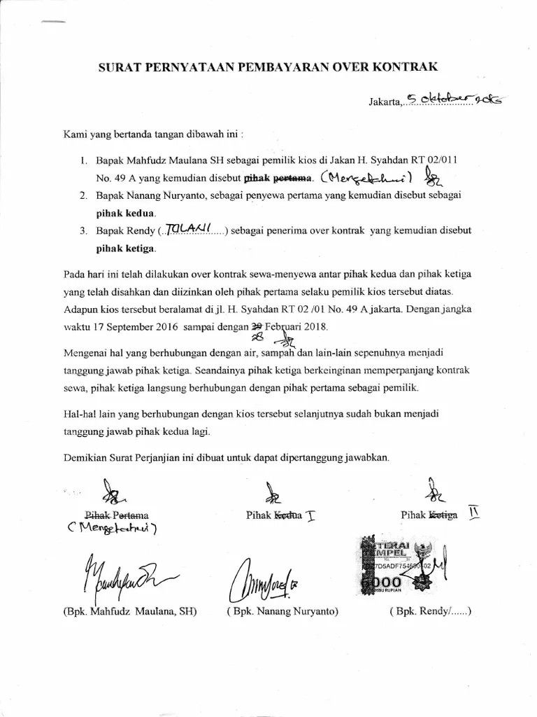 Gambar contoh surat Perjanjian Sewa Ruko Over Kontrak