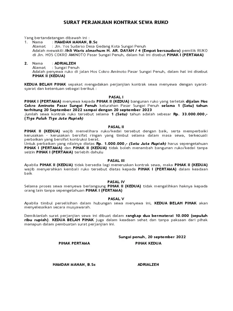Bentuk contoh Referensi Perjanjian Sewa Ruko Lainnya