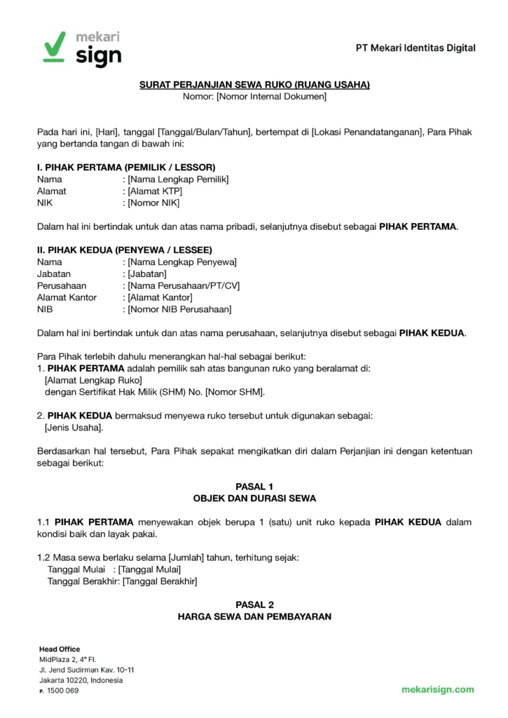 Contoh Surat Perjanjian Sewa Ruko - Mekari Sign