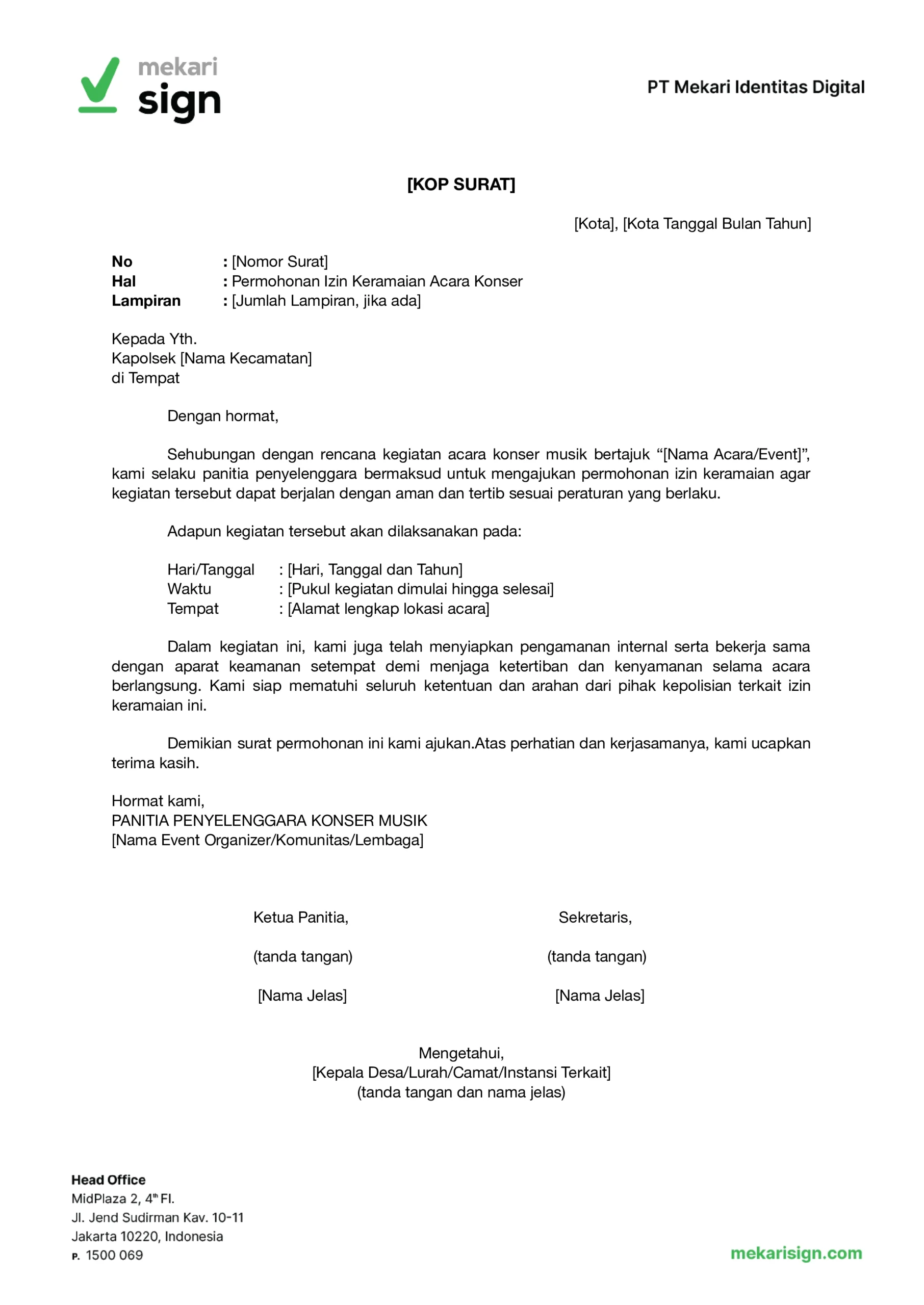 contoh atau template surat izin keramaian untuk acara konser