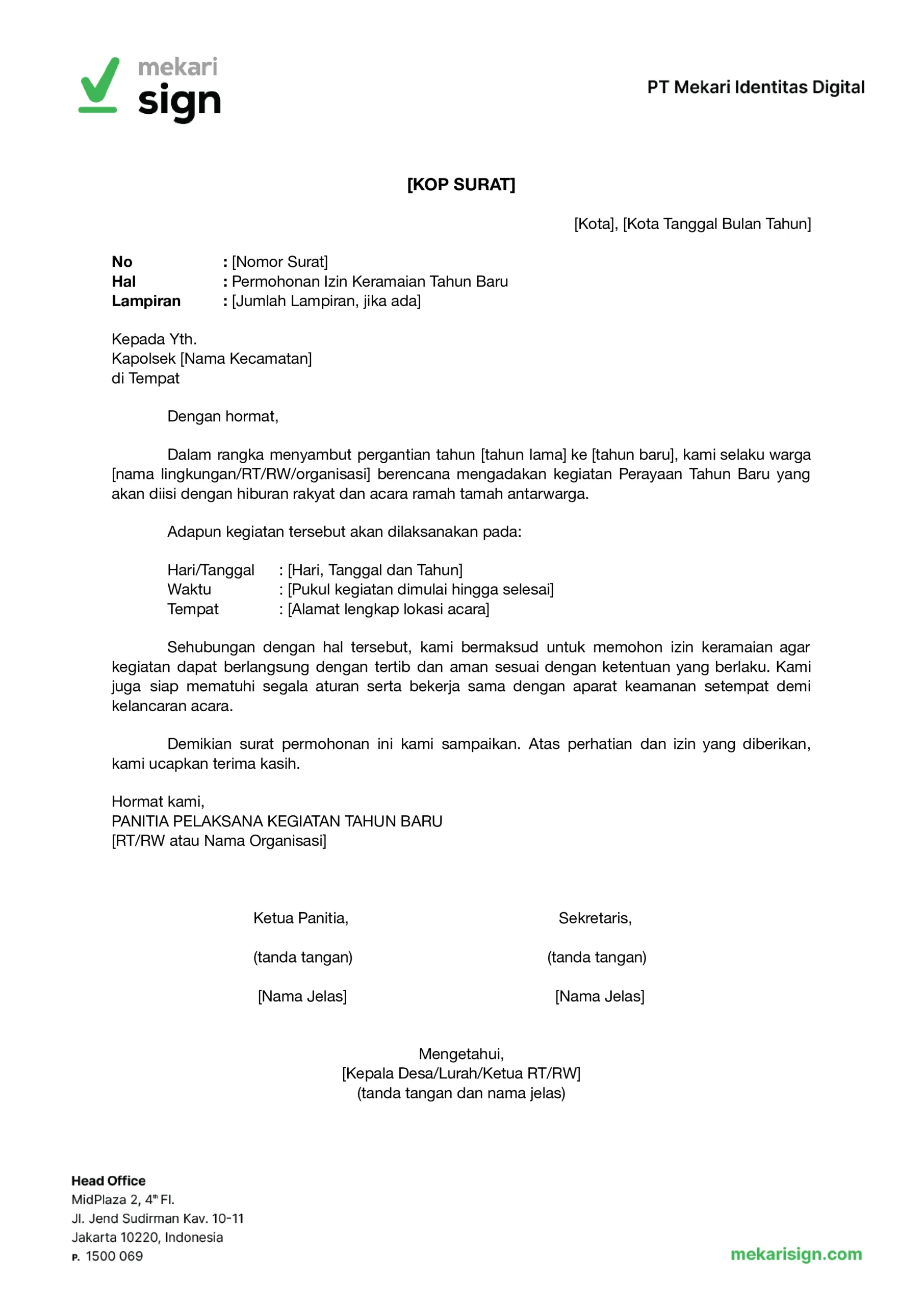 contoh atau template surat izin keramaian untuk acara tahun baruan