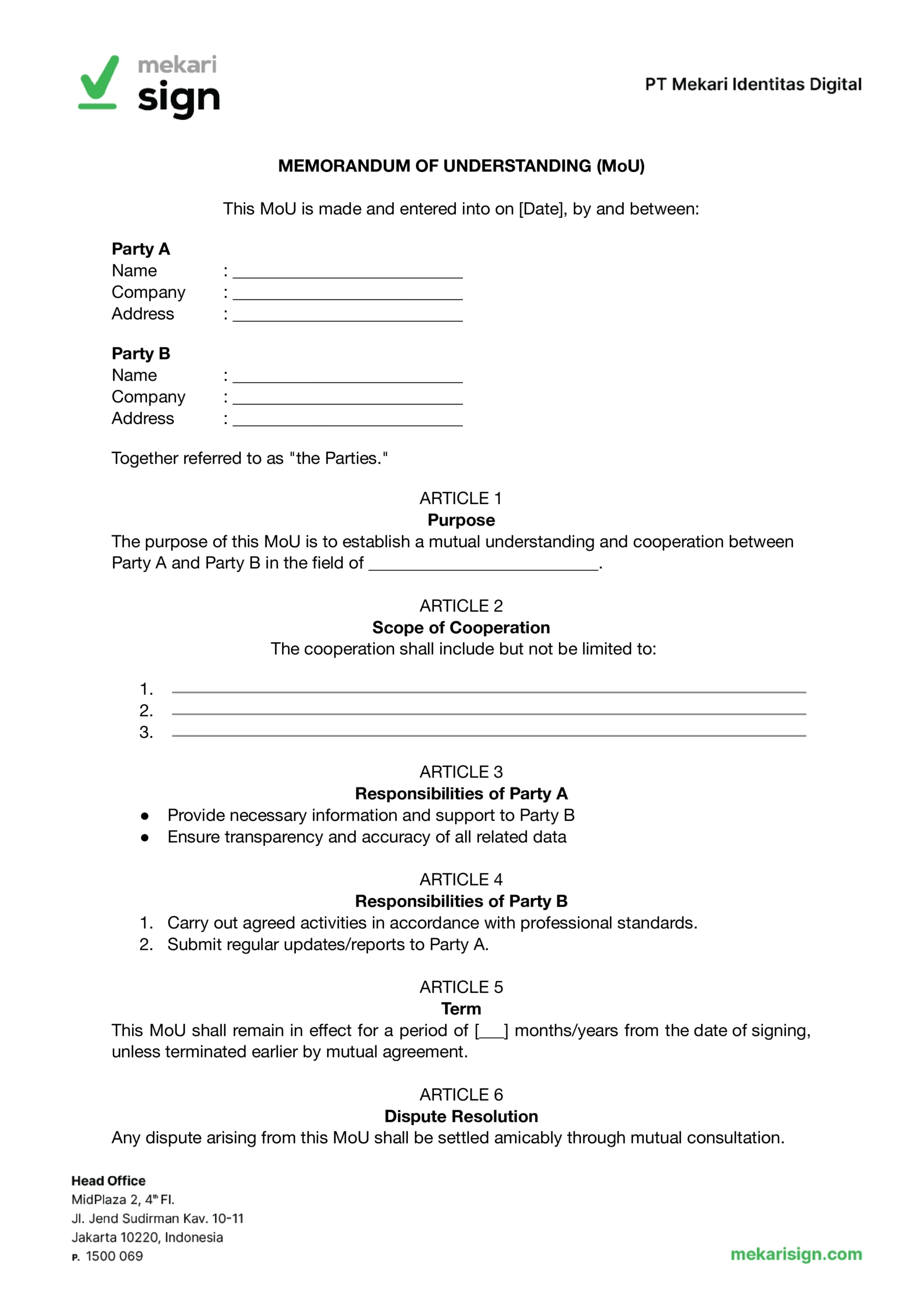 Contoh MoU dalam Bahasa Inggris - Mekari Sign