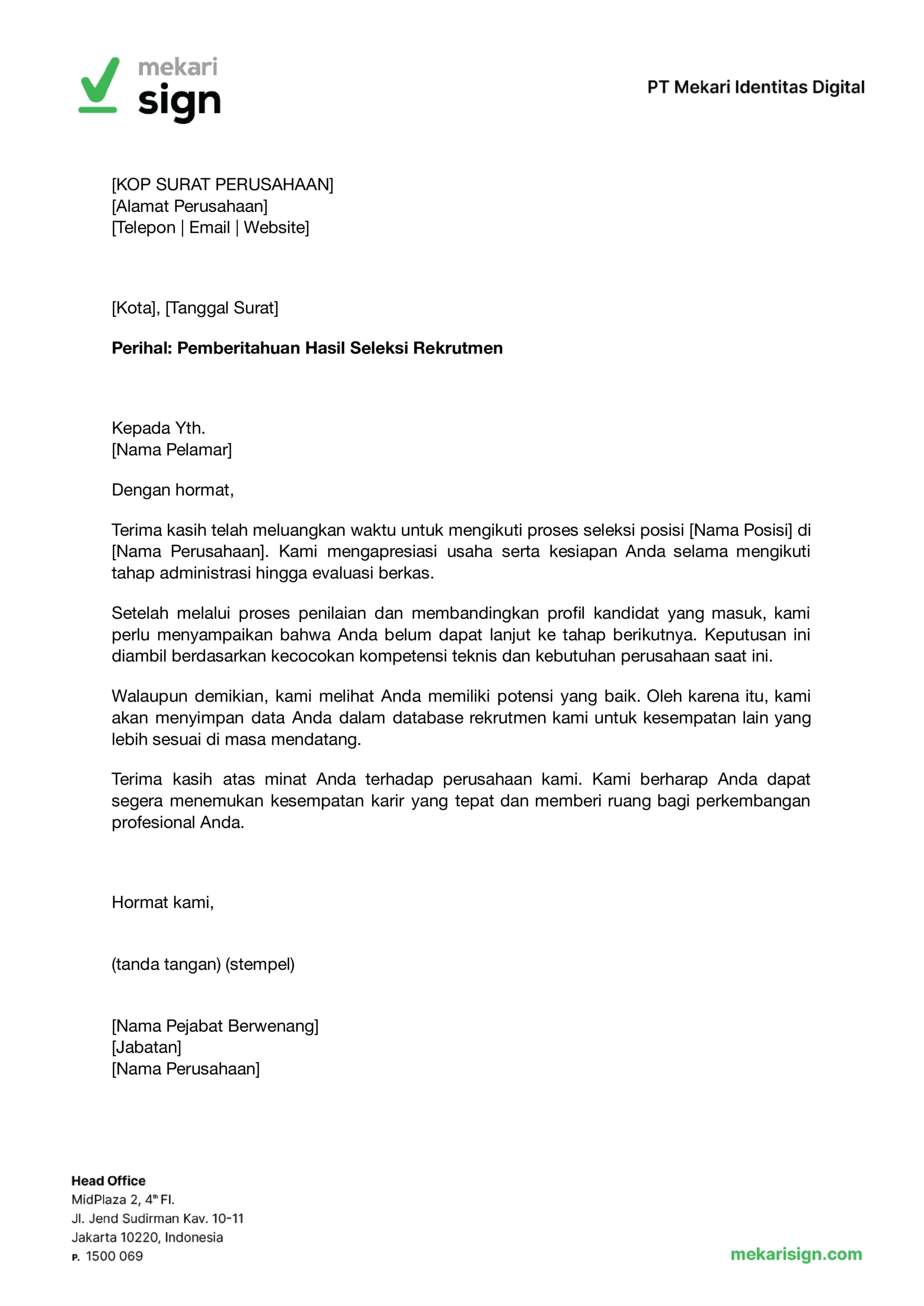 contoh atau template surat penolakan lamaran kerja perusahaan swasta dari mekari sign bisa disesuaikan dengan kebutuhan perusahaan