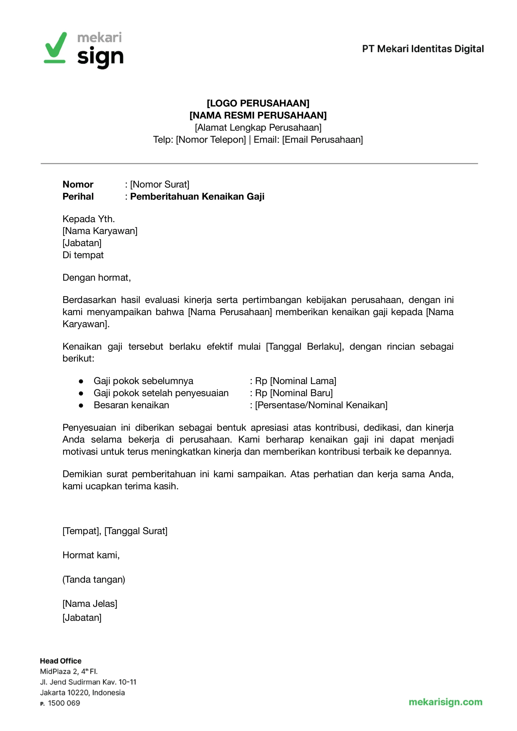 contoh template surat kenaikan gaji karyawan dari mekari sign