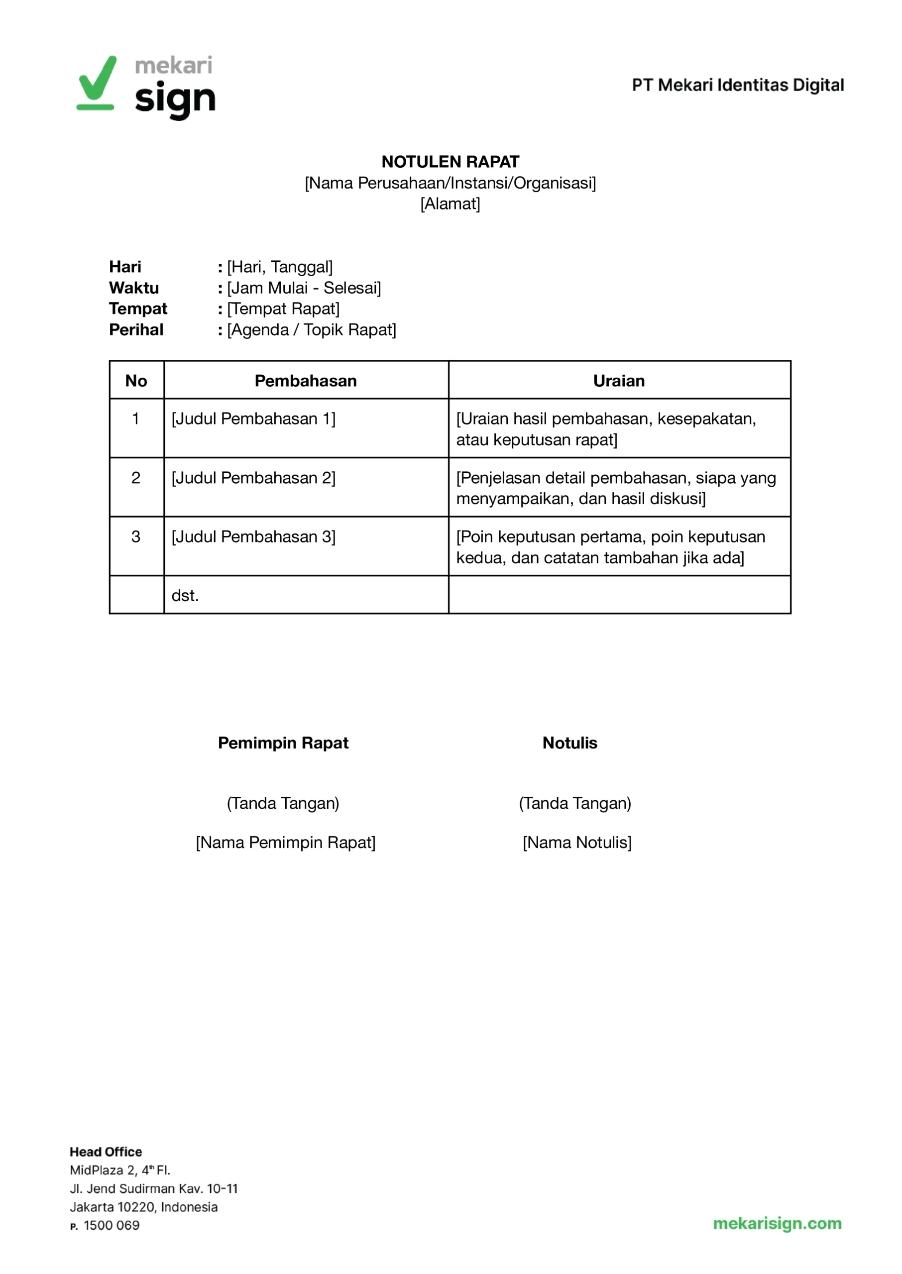 contoh template notulen untuk rapat berbentuk tabel dari mekari sign
