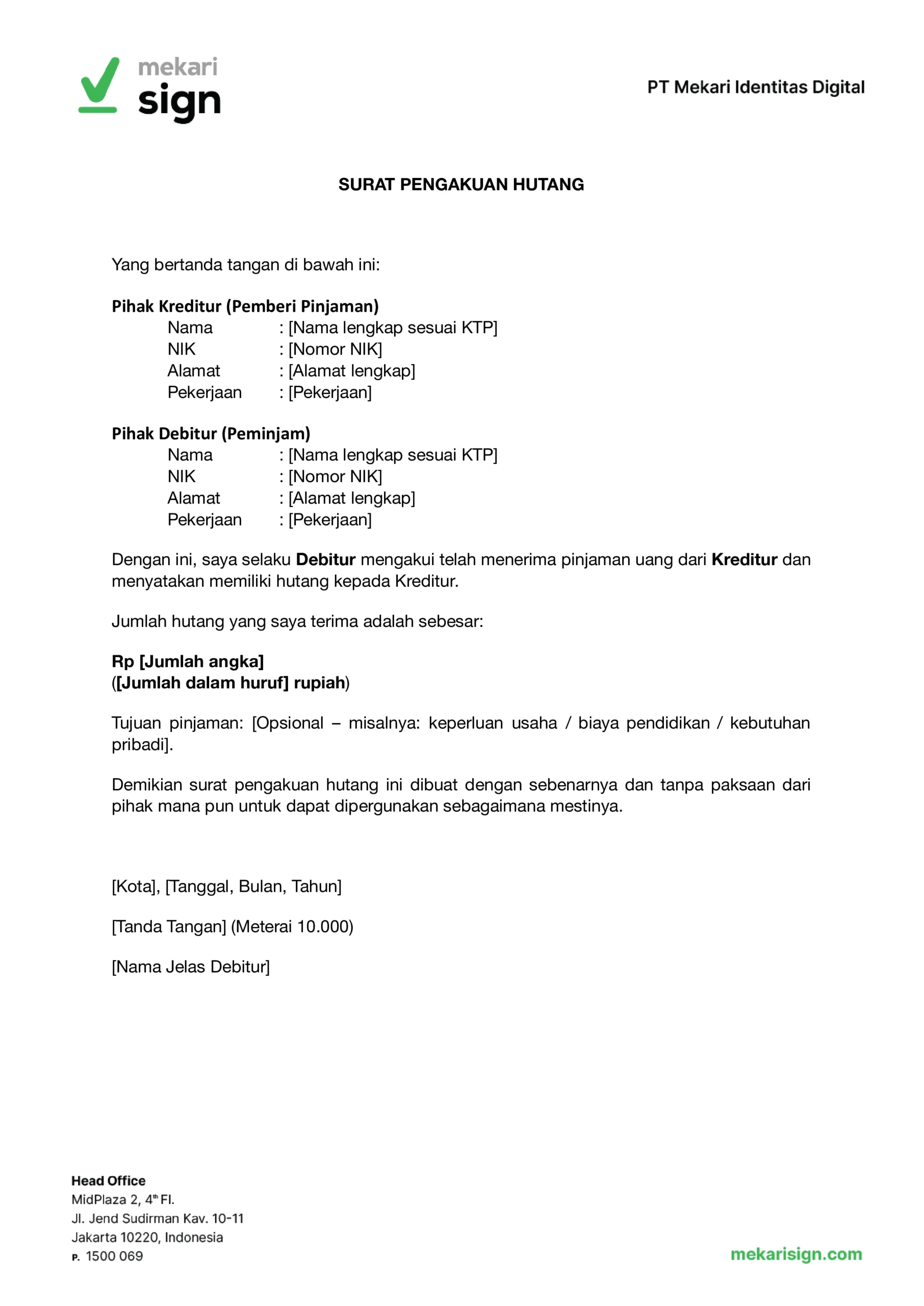 contoh template surat pengakuan hutang yang sederhana dengan format umum mekari sign