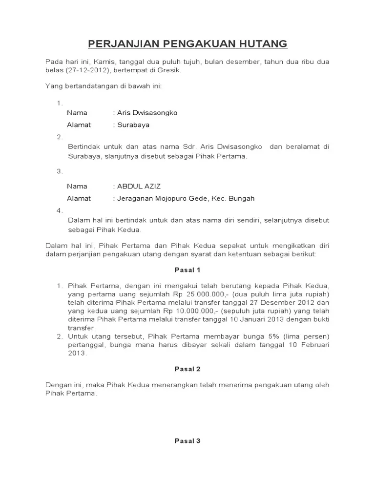 contoh surat pengakuan hutang lengkap dengan pasal