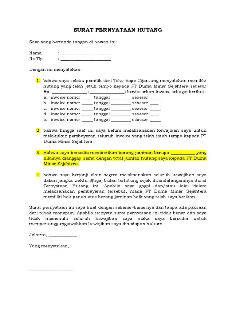 contoh surat pengakuan hutang dengan jaminan