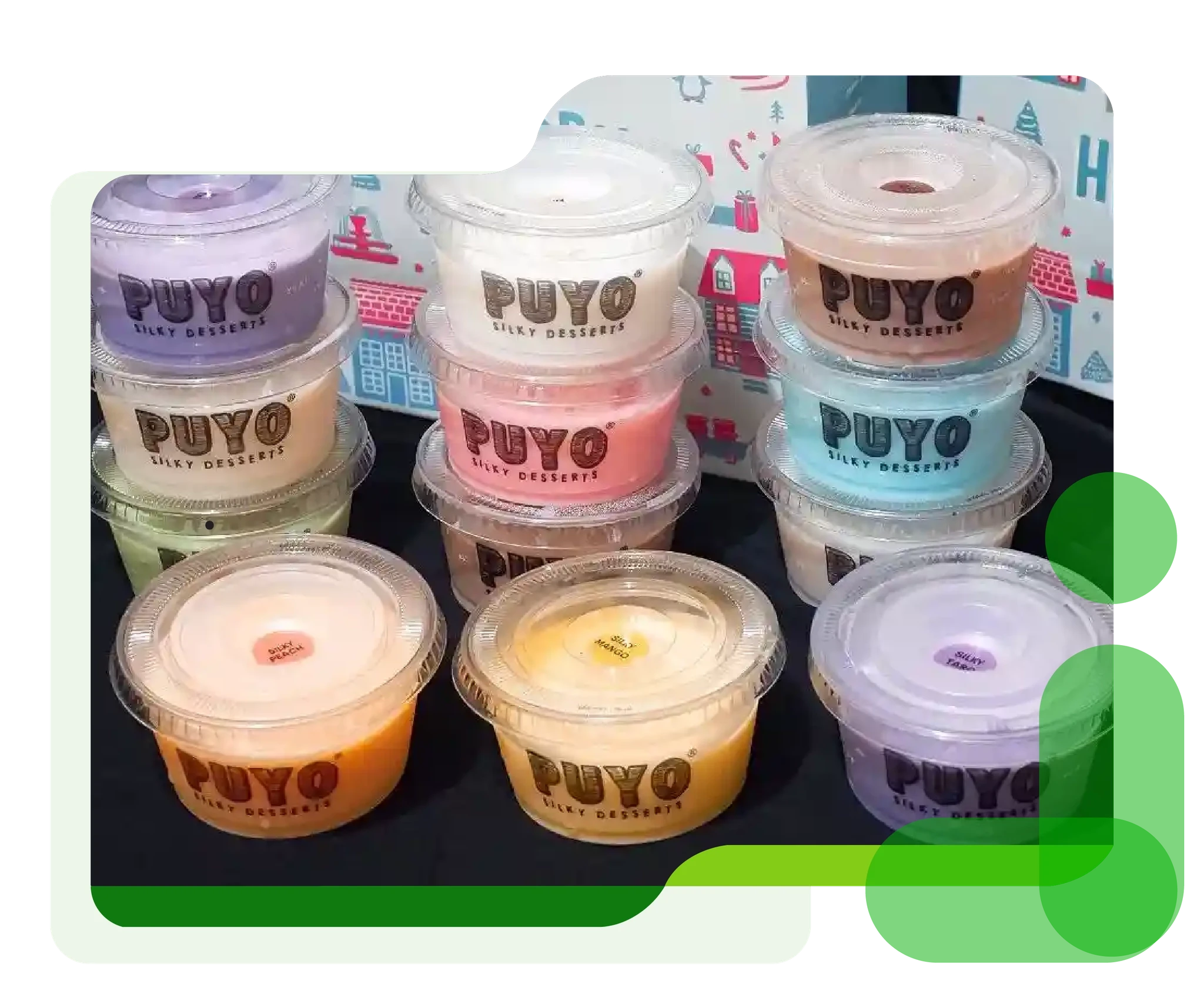 Ilustrasi gambar Puyo Desserts menjual berbagai macam silky dessert (puding sutra) dan silky drinks (minuman puding) yang teksturnya sangat lembut, ringan, rendah kalori, dan berserat.