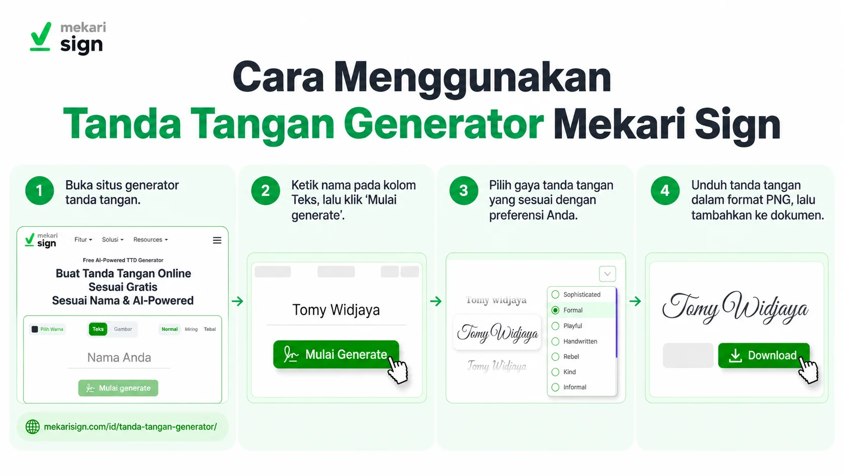 Infografis 4 langkah menggunakan Tanda Tangan Generator Mekari Sign, mulai dari membuka situs, memasukkan nama, memilih gaya tanda tangan, hingga mengunduh tanda tangan dalam format PNG untuk digunakan pada dokumen.